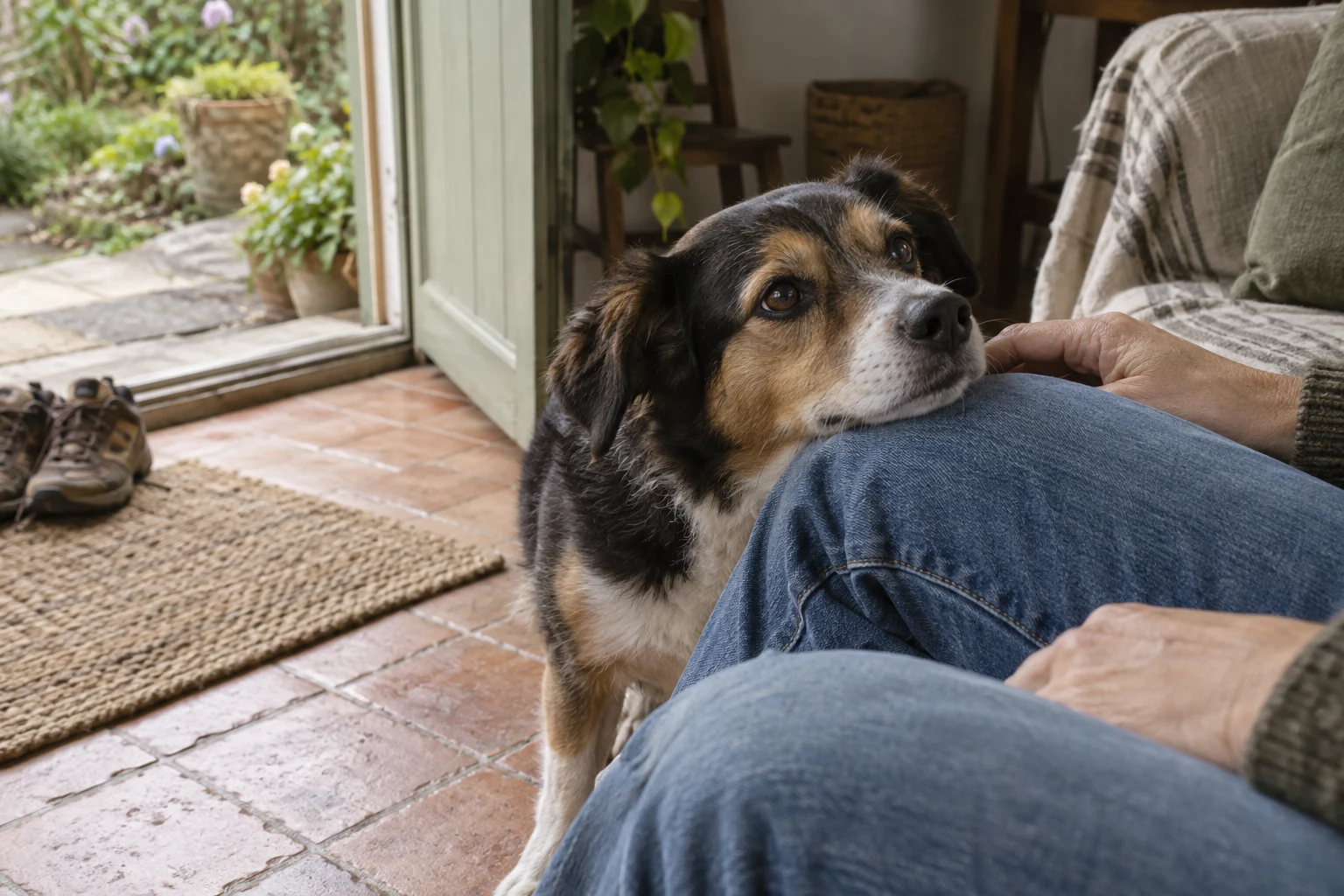 AI-created scene of quiet companionship between a dog and a person
