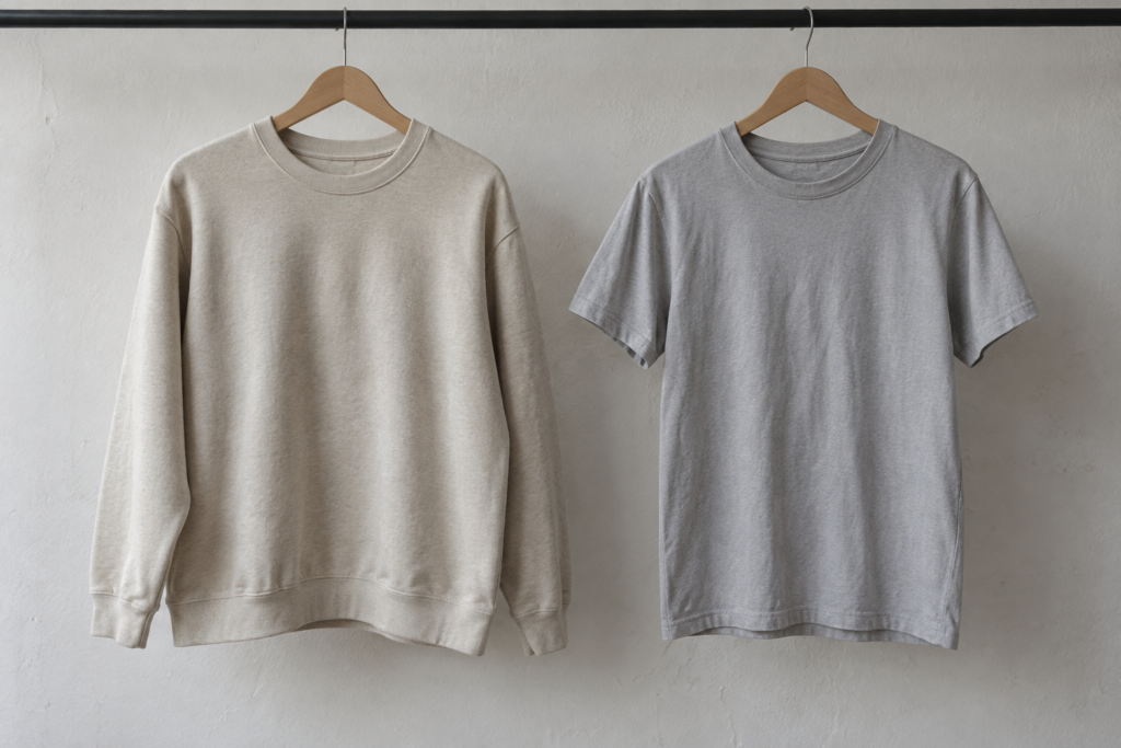 Long-sleeved crewneck sweatshirt beside a short-sleeved T-shirt