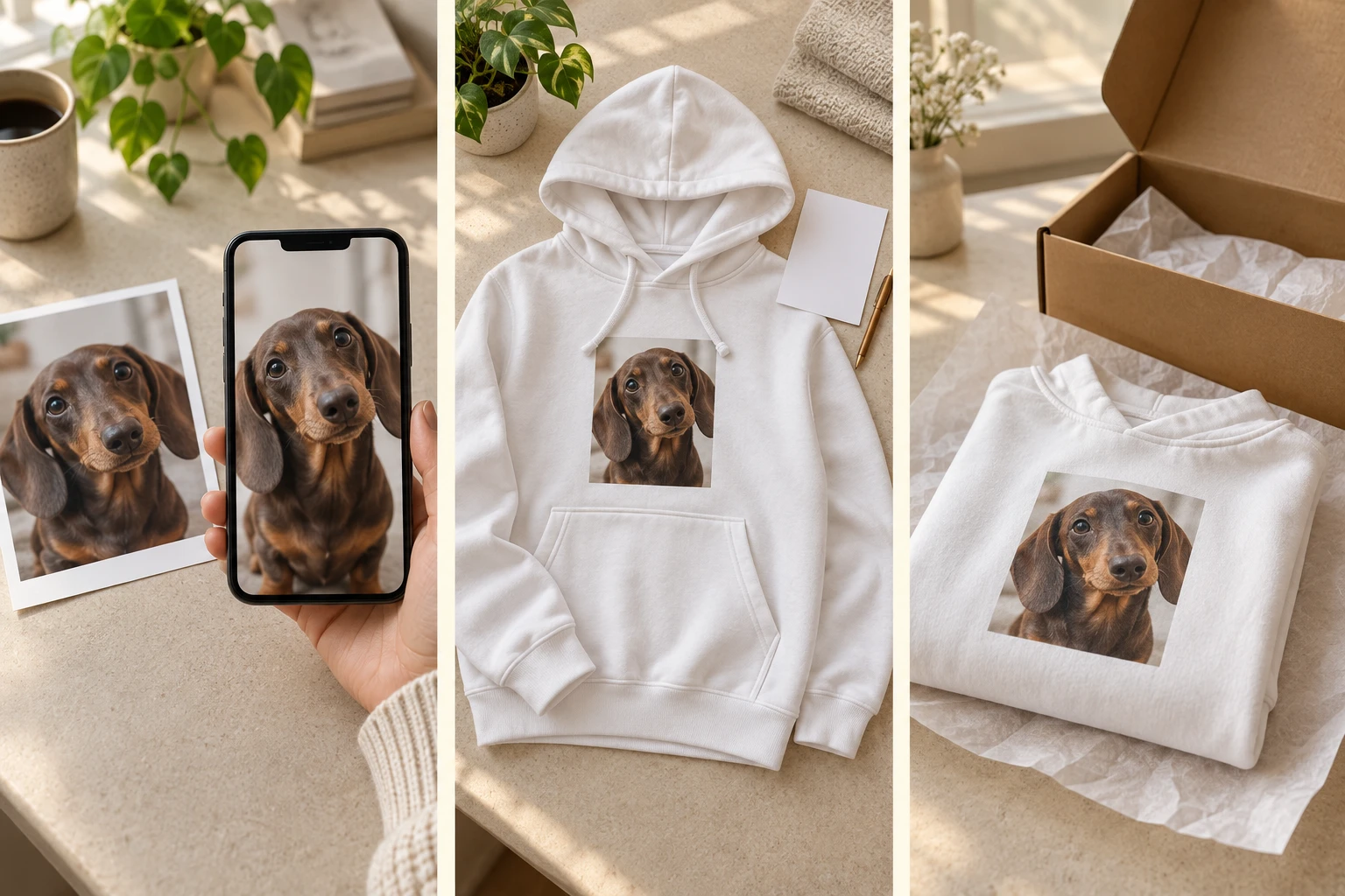 Illustrated ordering sequence from pet photo to personalized hoodie and dispatch