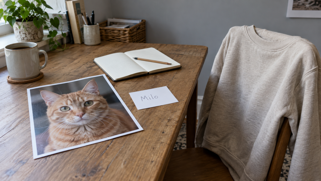 A cat photo and name card beside a blank garment