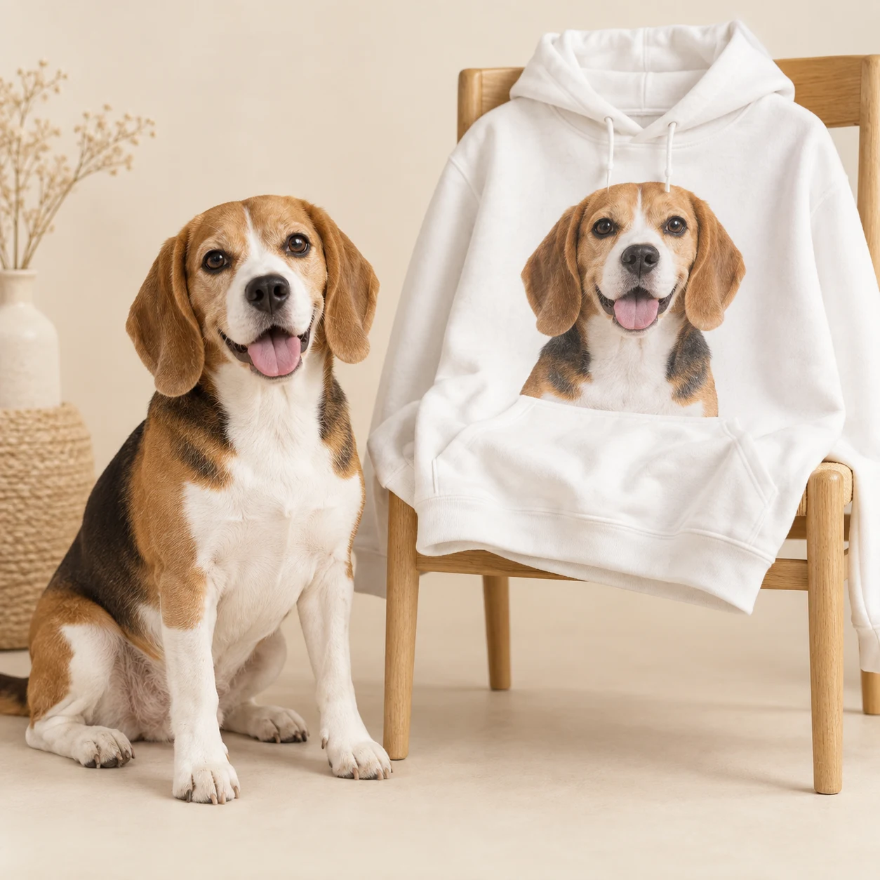 Illustrative beagle beside a hoodie featuring its pet portrait