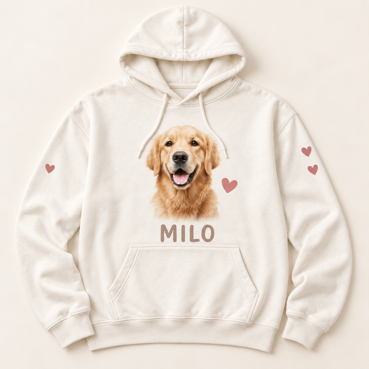 Illustrative white hoodie with a personalized pet portrait