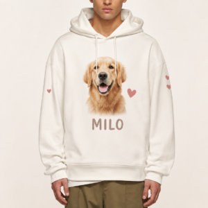 Cream hoodie with Milo the golden retriever portrait