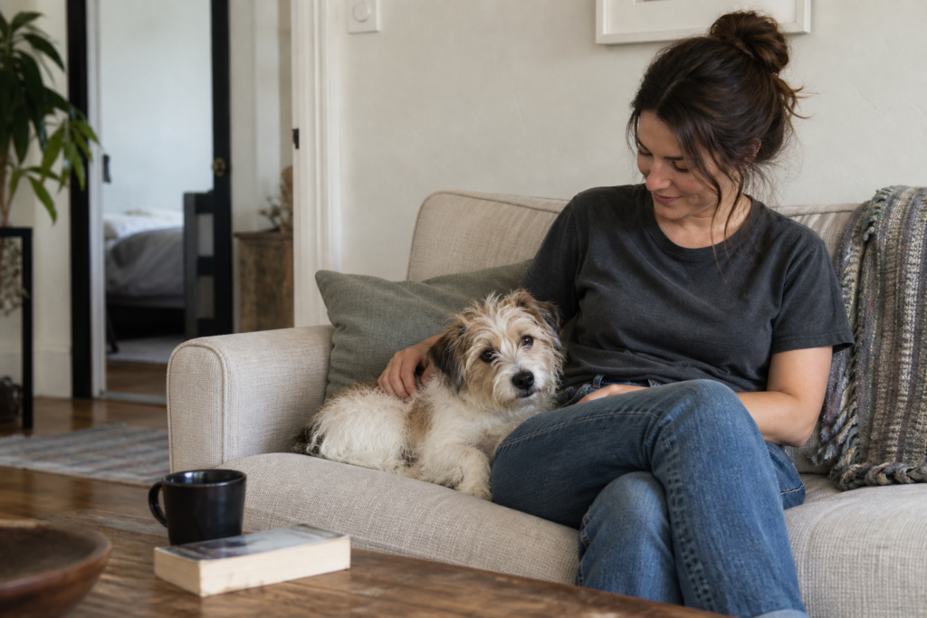 Pet owner relaxing with a terrier
