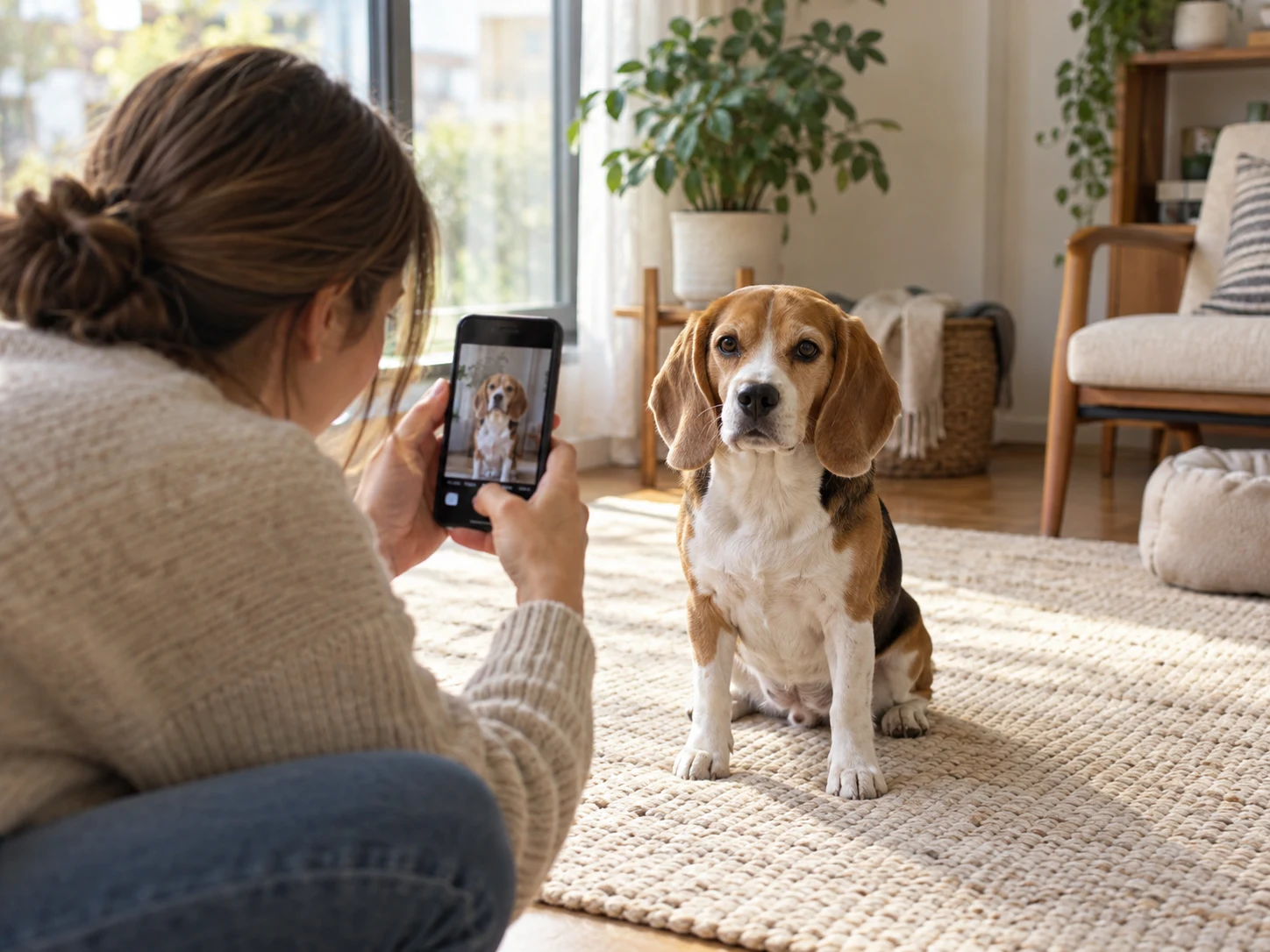 Illustrative scene showing a pet photographed at eye level in window light
