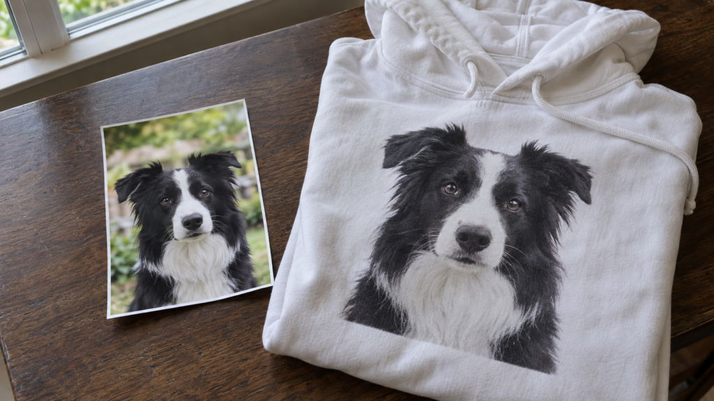 Pet photo beside a personalized portrait hoodie — design inspiration