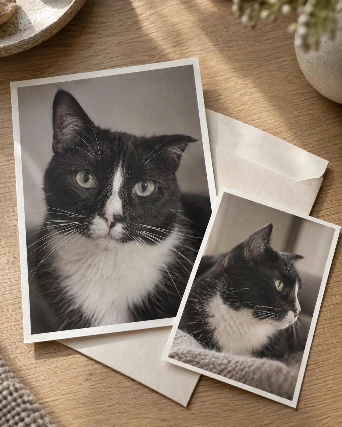 AI-created illustration of two photos showing a tuxedo cat’s distinctive markings